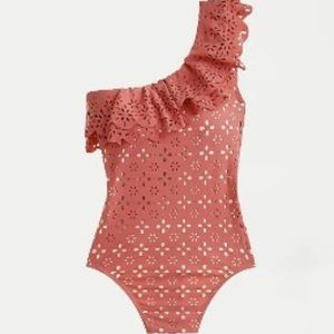 NWT J Crew Laser Cut Eyelet One Shoulder Ruffle One Piece
